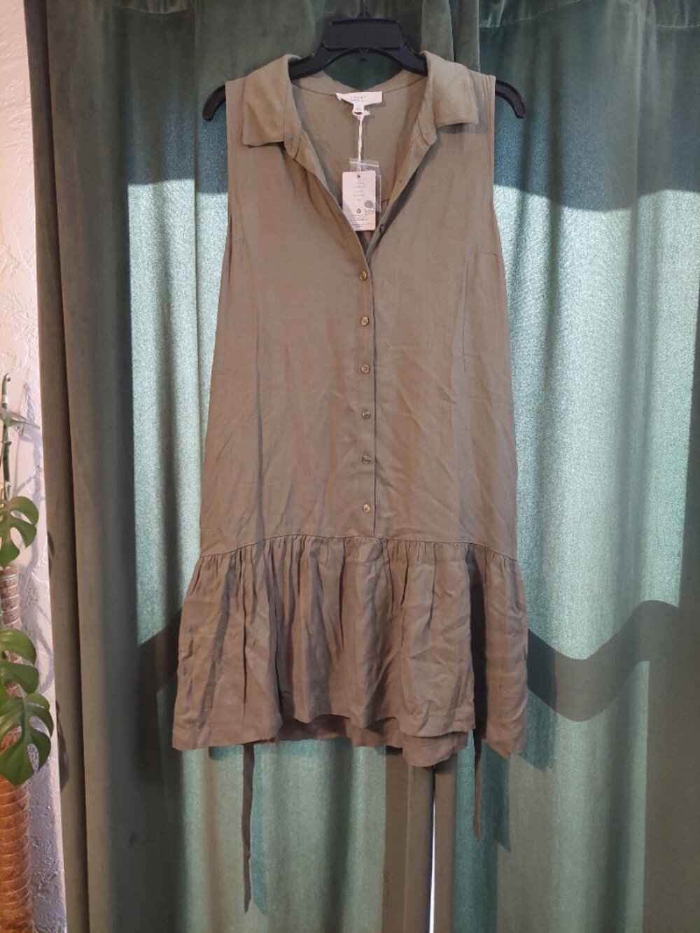 Lucky Brand Olive Green Sleeveless Button-Front Midi Dress with Tie Waist